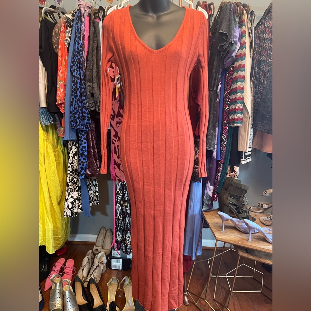 V Neck Ribbed Knit Bodycon Maxi Dresses - Rustic Orange Sz S - Picture 5 of 7